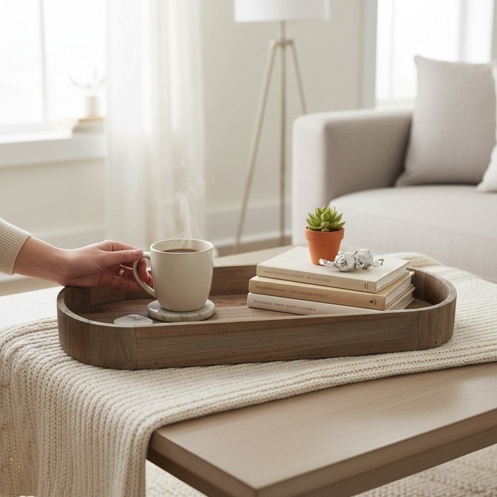 Handcrafted Mango Wood Decorative Tray Long Oval Gray Wash Made in India 24 Inch